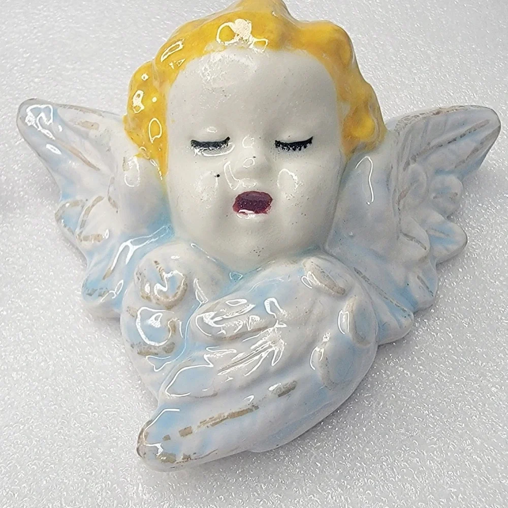Vintage Pair of Ceramic Cherub Angel Wall Hangings Blonde Hair Blue Wings